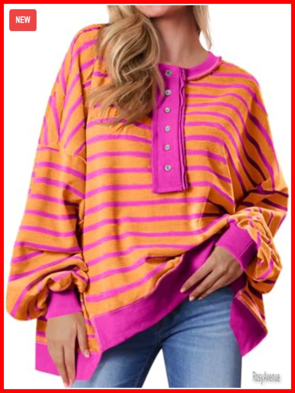 Waffle Knit Oversized Sweatshirt Striped Henley Pullover Top